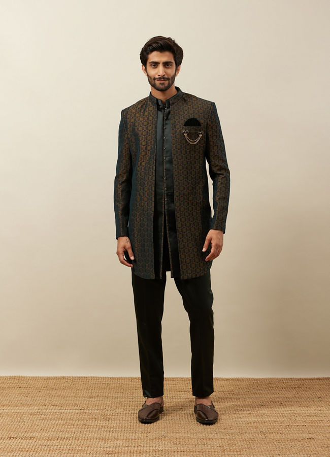 Manyavar Men Forest Green Honeycomb Patterned Indo Western Set