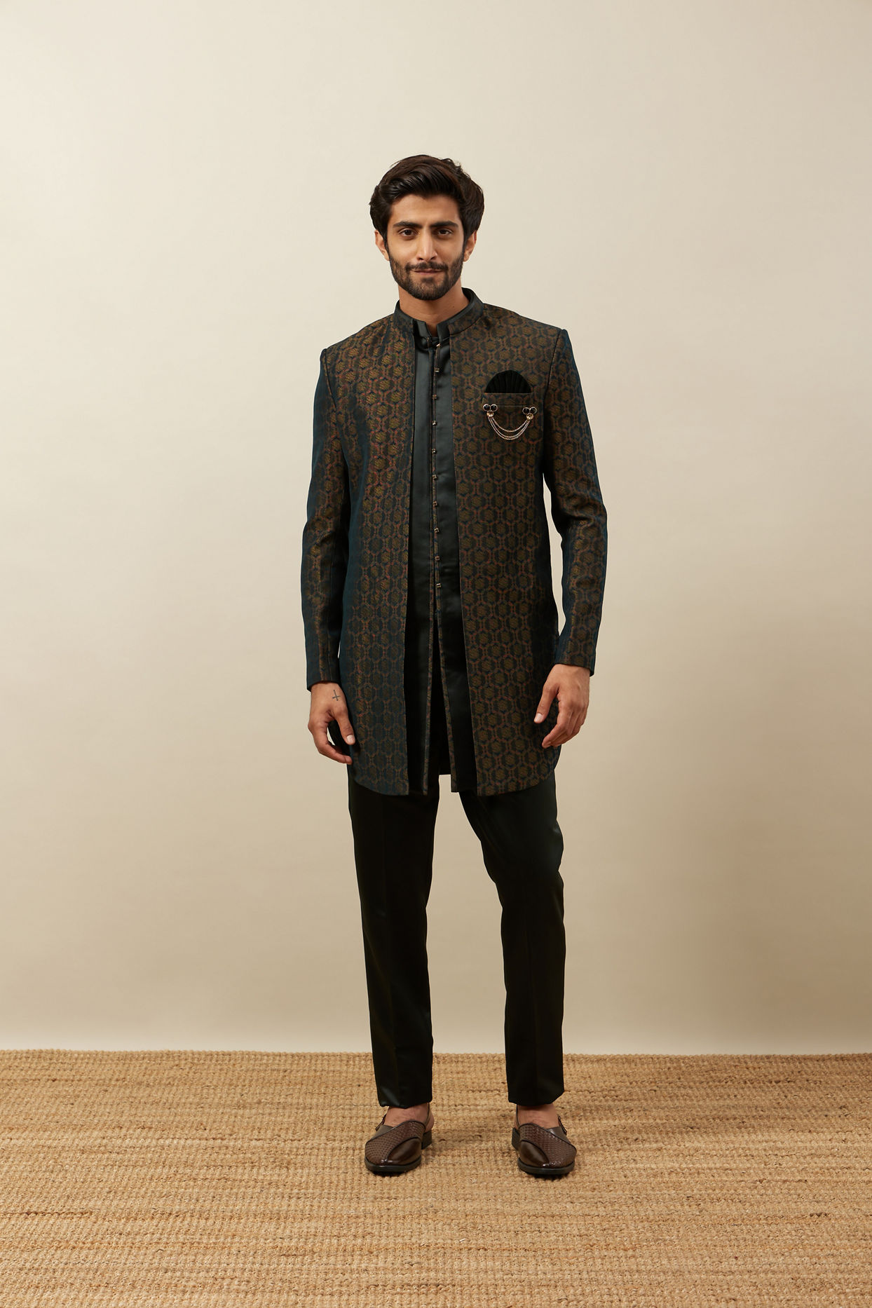 Manyavar Men Forest Green Honeycomb Patterned Indo Western Set