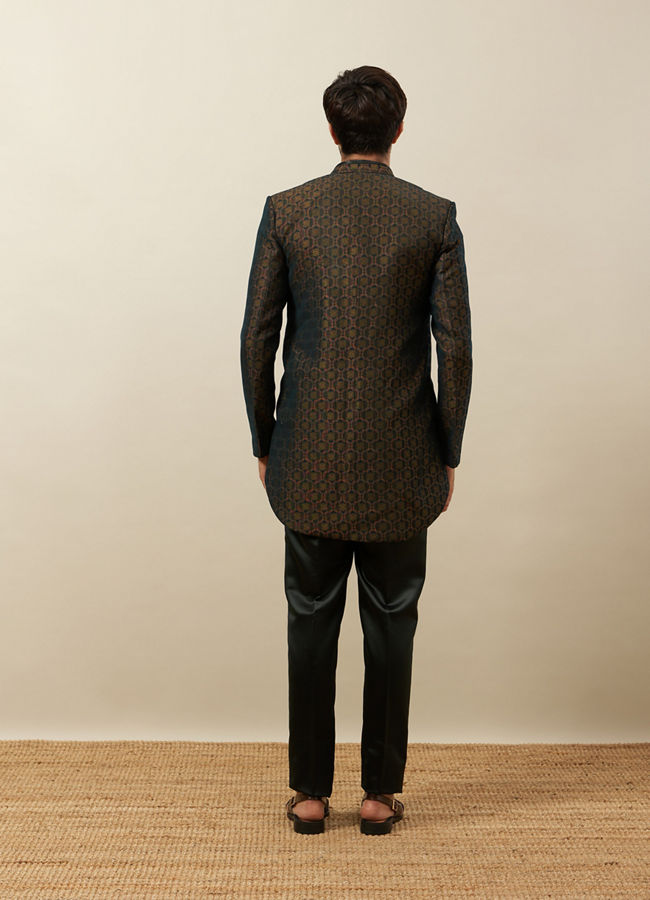 Manyavar Men Forest Green Honeycomb Patterned Indo Western Set