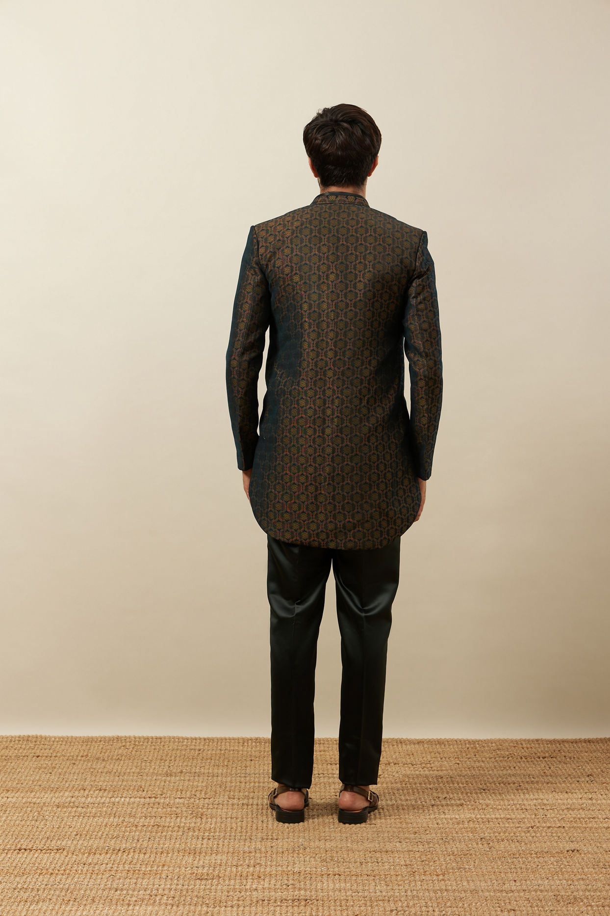 Manyavar Men Forest Green Honeycomb Patterned Indo Western Set
