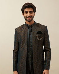 Manyavar Men Forest Green Honeycomb Patterned Indo Western Set