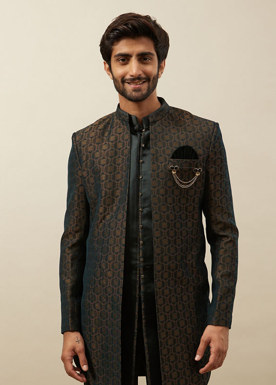 Manyavar Men Forest Green Honeycomb Patterned Indo Western Set
