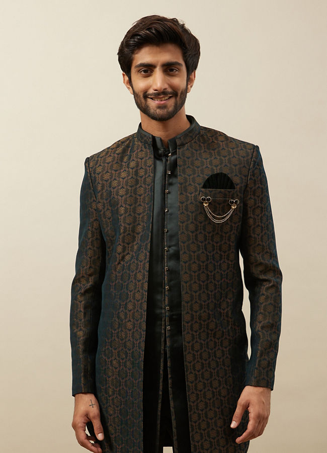 alt message - Manyavar Men Forest Green Honeycomb Patterned Indo Western Set image number 0