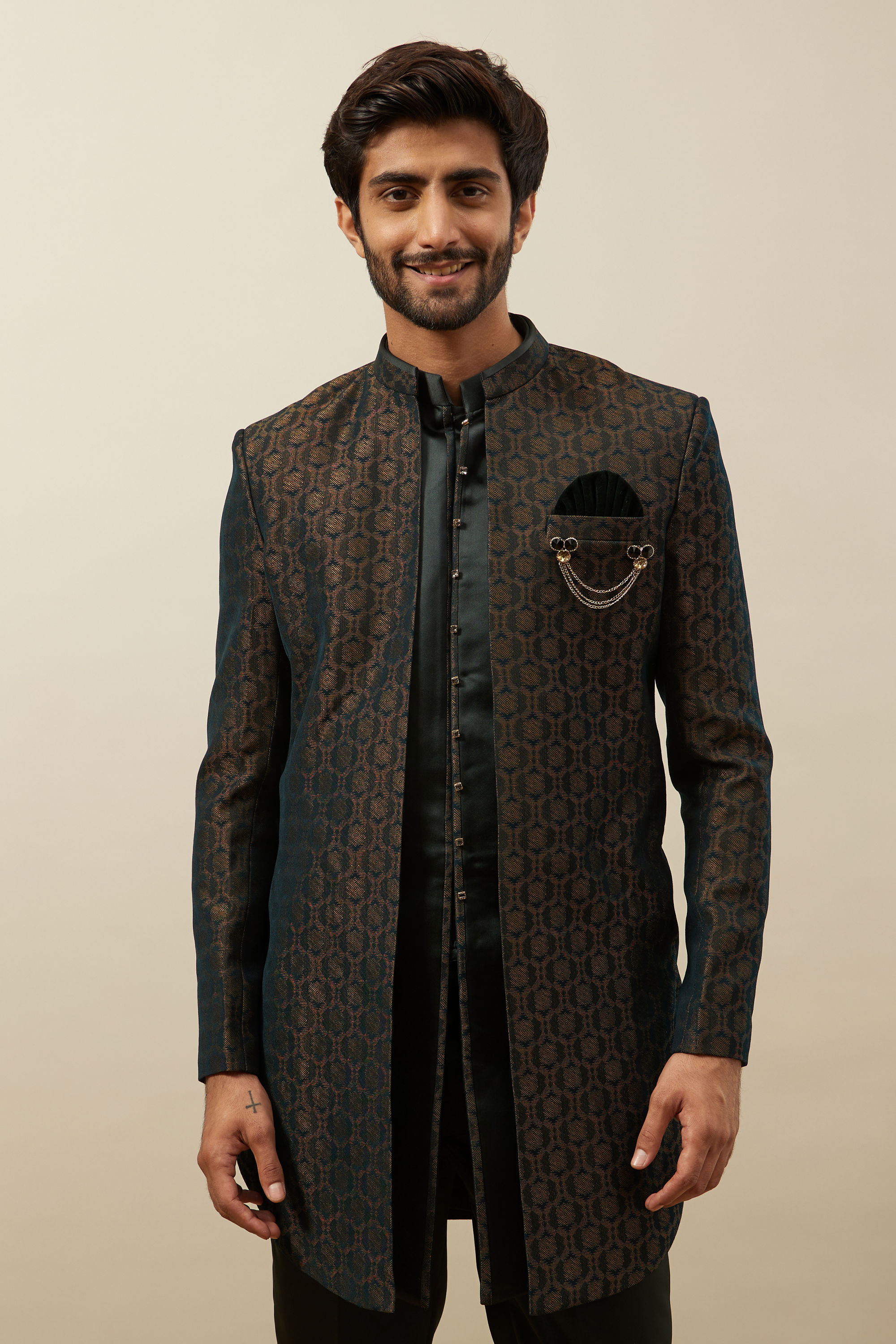 Manyavar Men Forest Green Honeycomb Patterned Indo Western Set