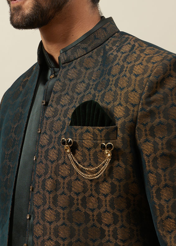 Manyavar Men Forest Green Honeycomb Patterned Indo Western Set