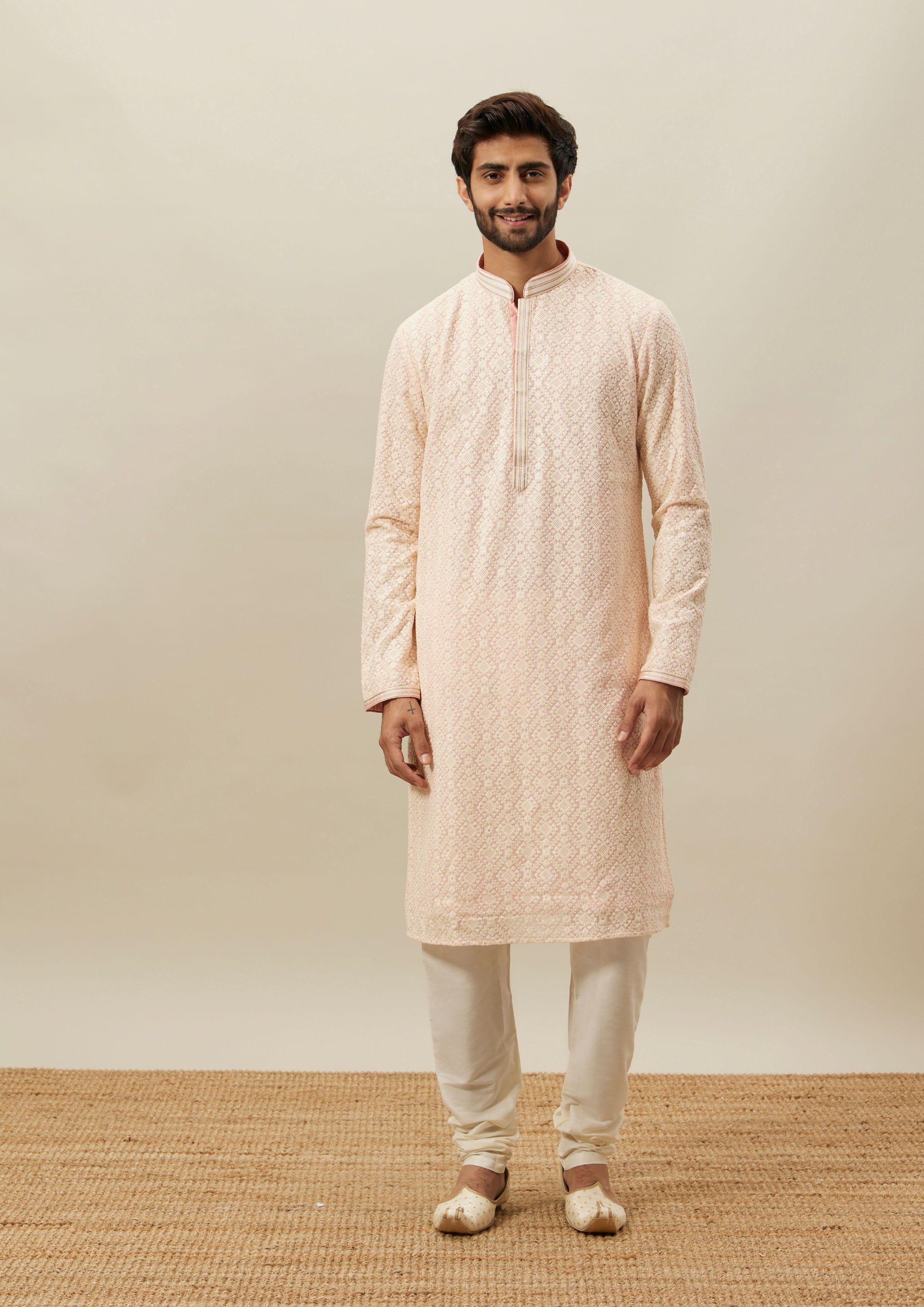 Twamev Men Light Pink Chikankari Kurta Set