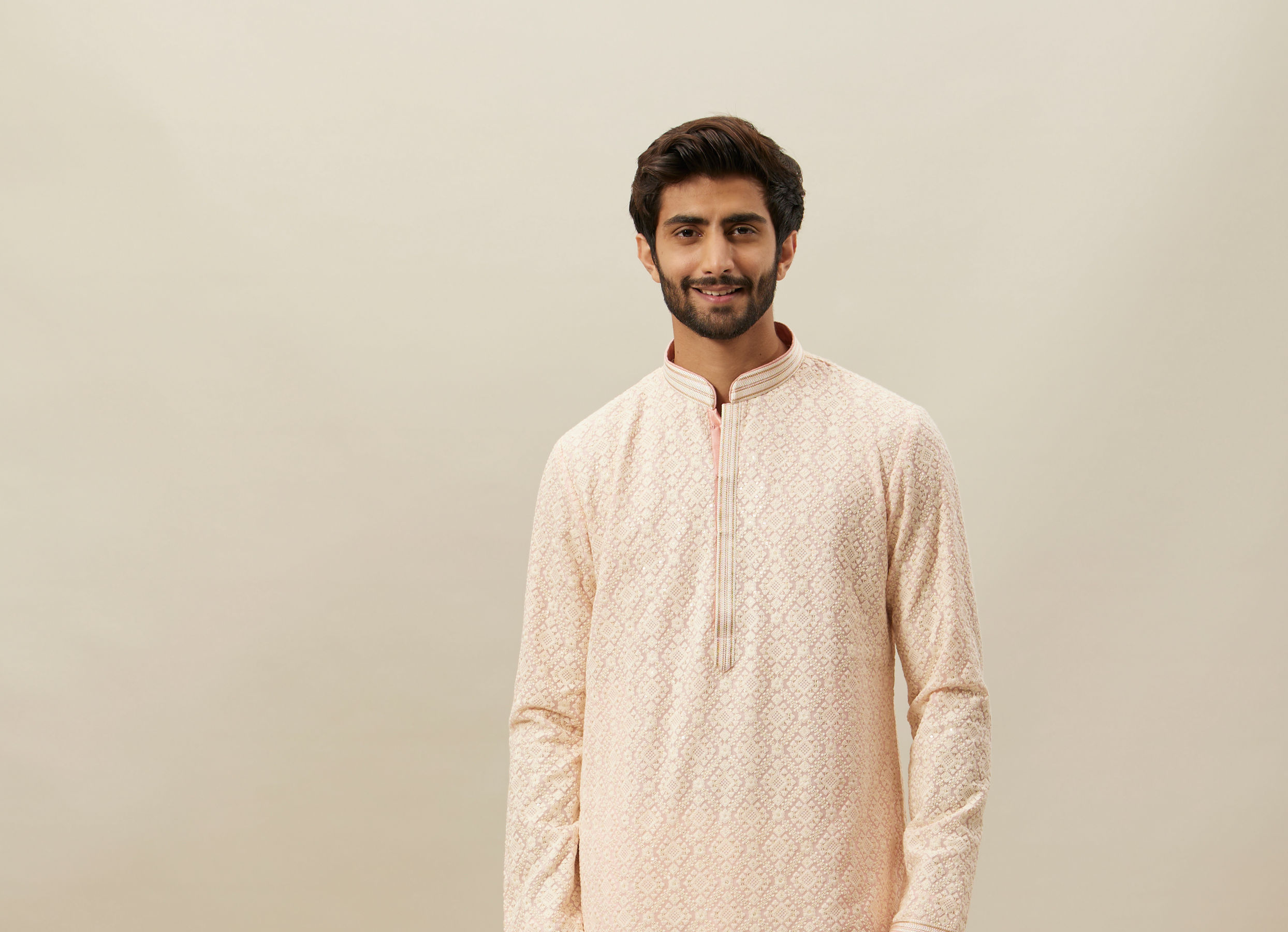 Twamev Men Light Pink Chikankari Kurta Set