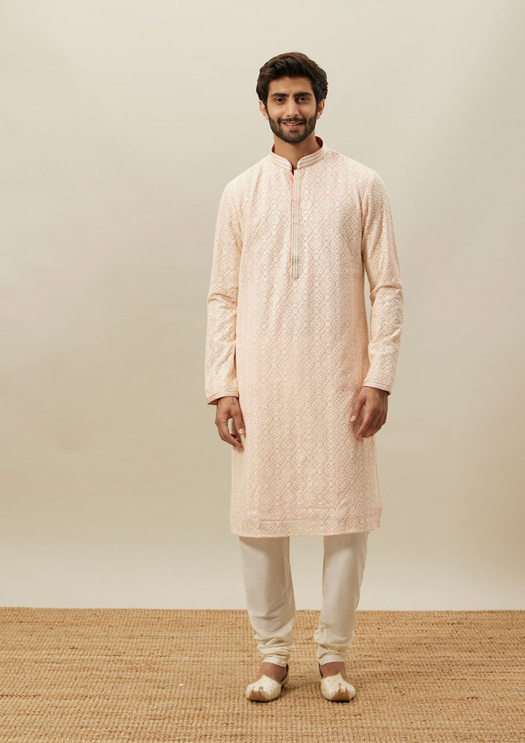 Twamev Men Light Pink Chikankari Kurta Set image number 2