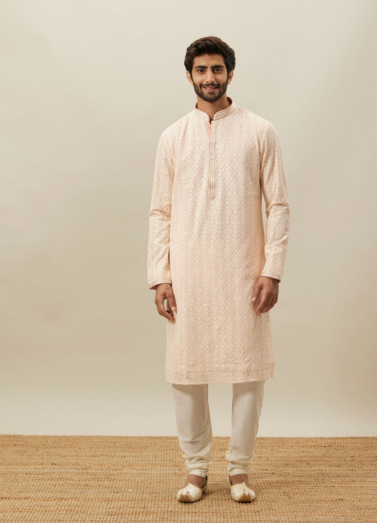 Twamev Men Light Pink Chikankari Kurta Set