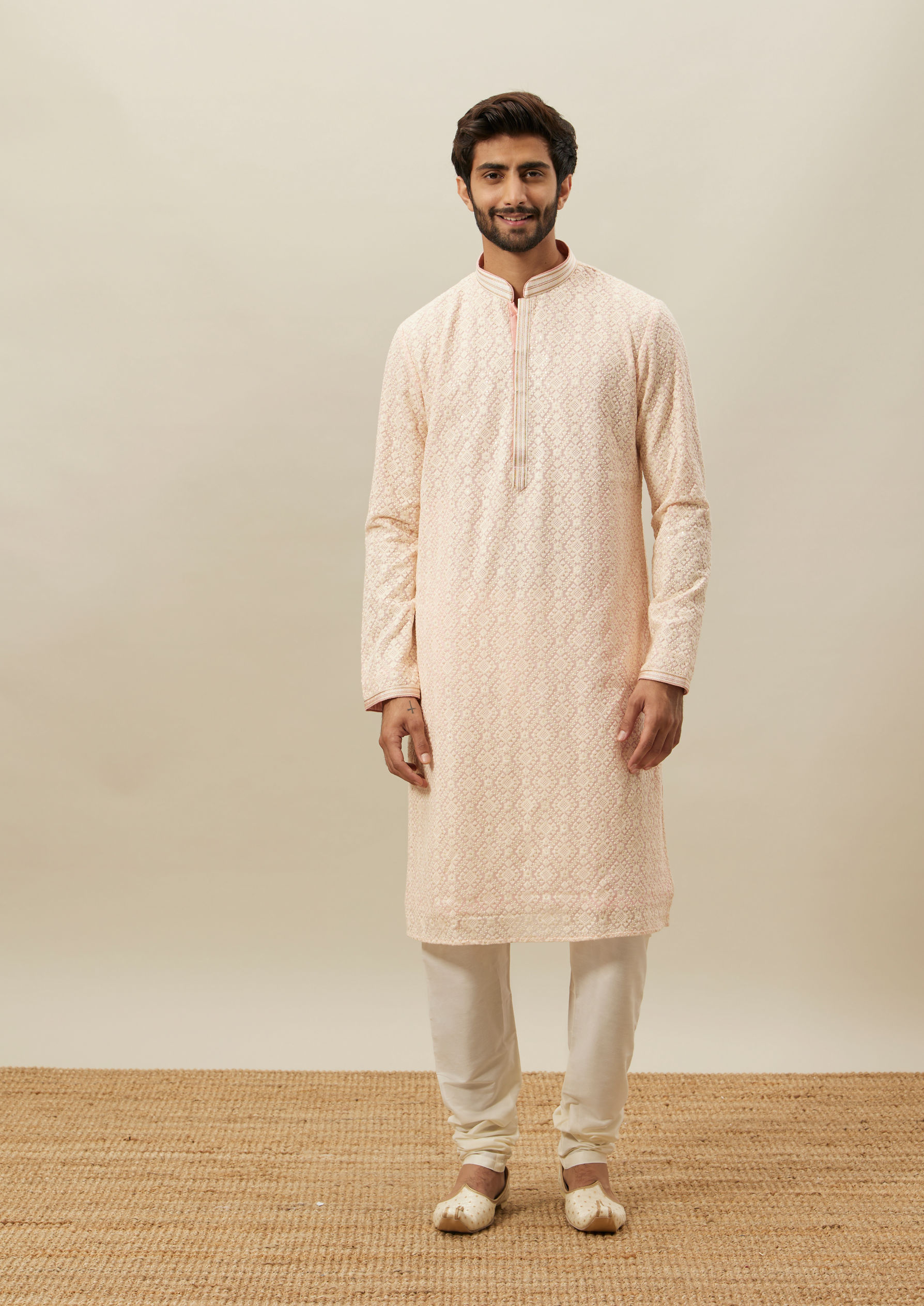 Twamev Men Light Pink Chikankari Kurta Set