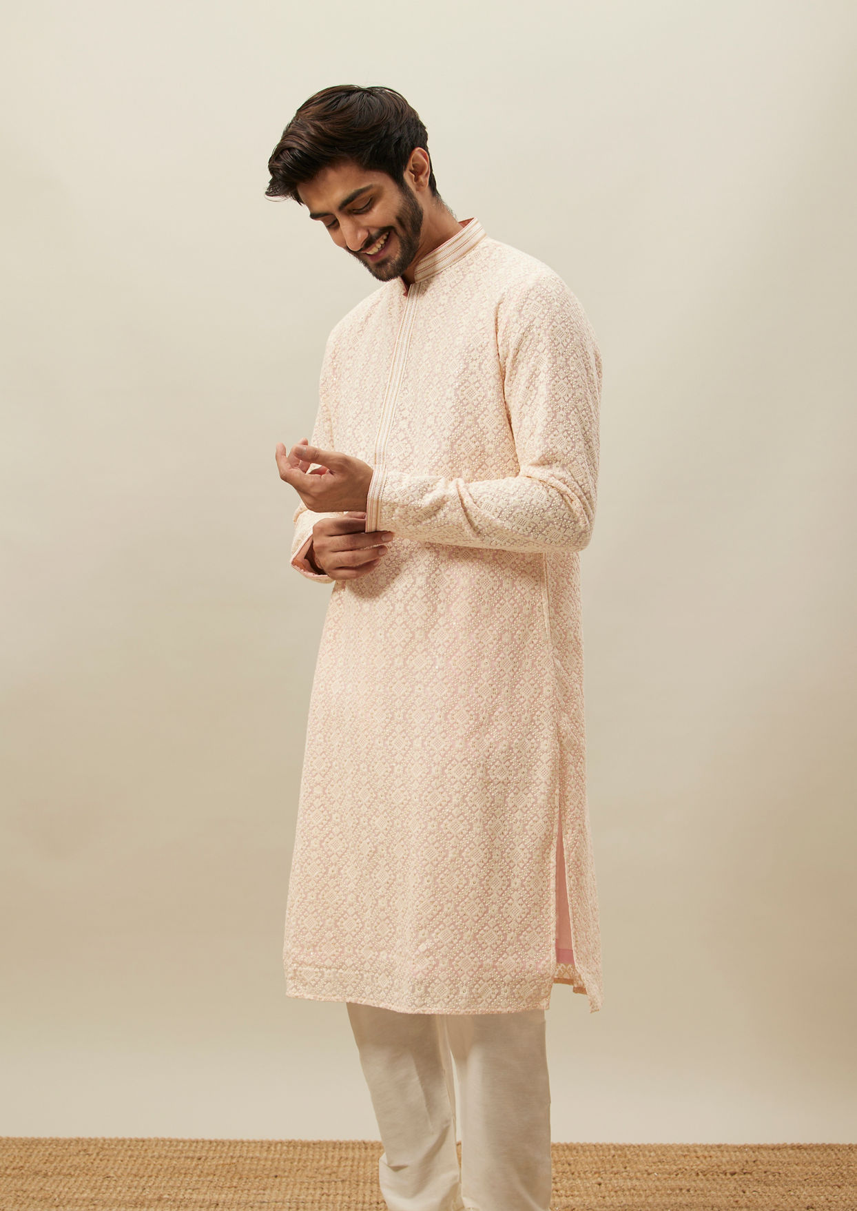 alt message - Twamev Men Light Pink Chikankari Kurta Set image number 0