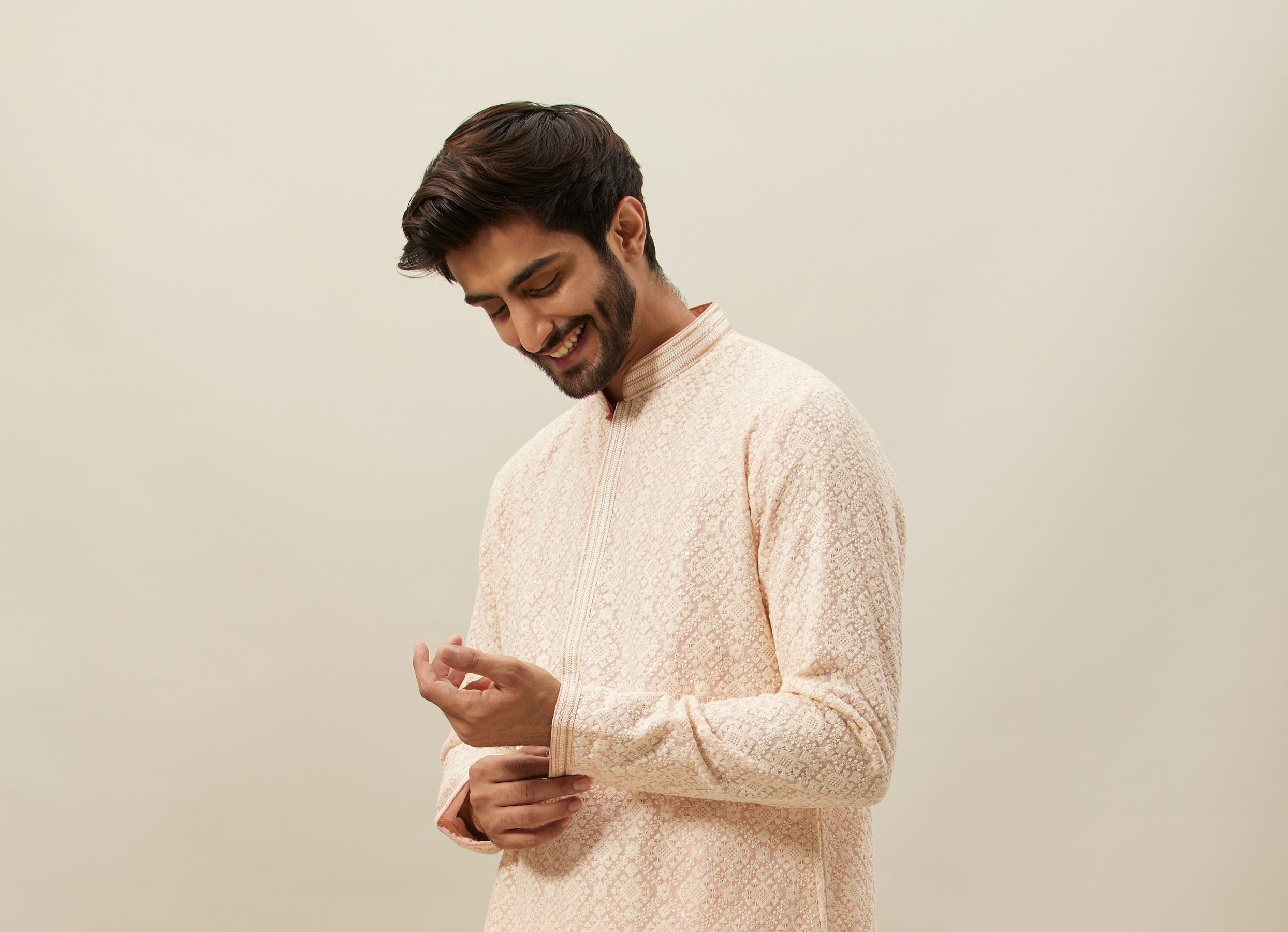 Twamev Men Light Pink Chikankari Kurta Set