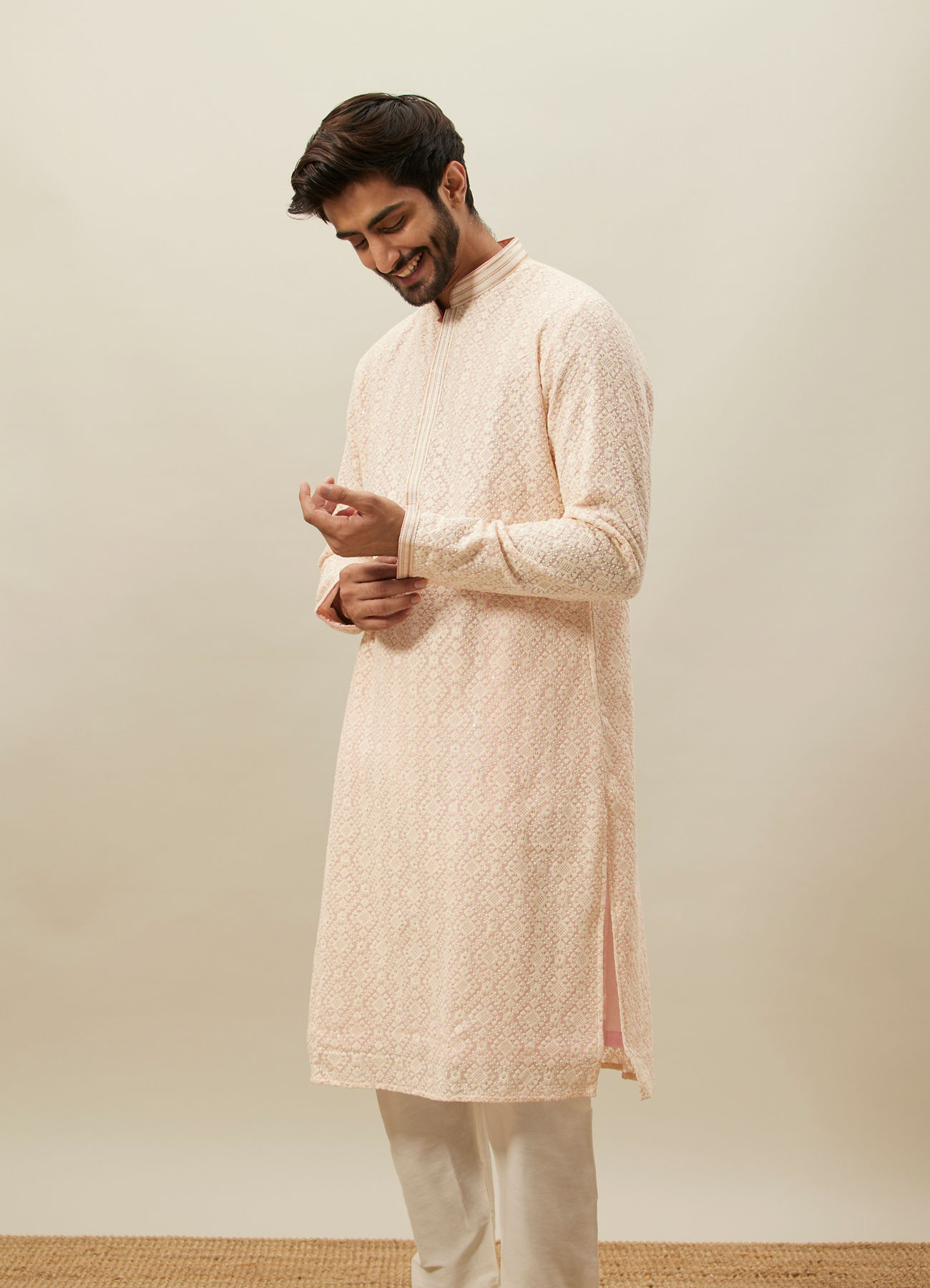 Twamev Men Light Pink Chikankari Kurta Set