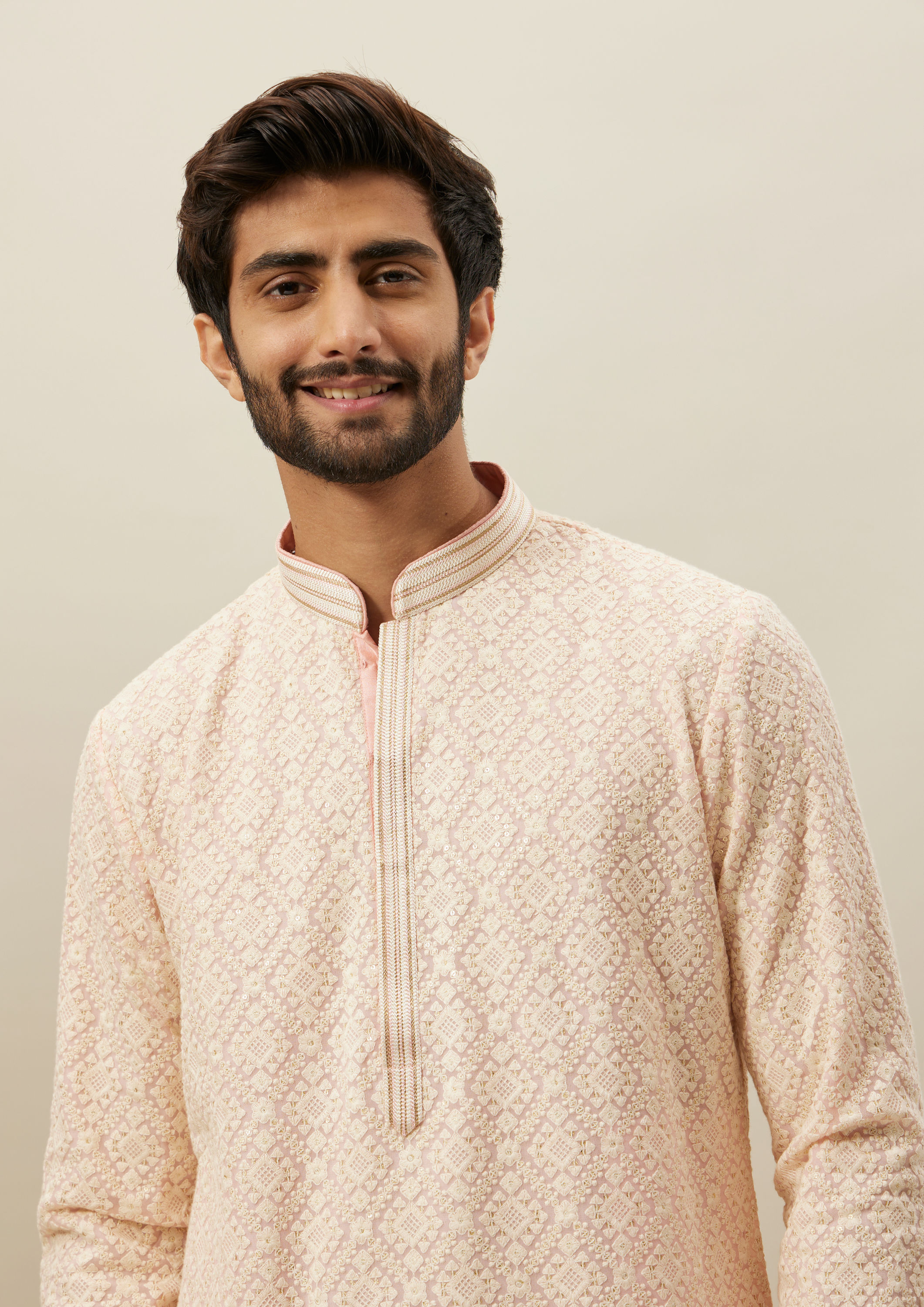 Twamev Men Light Pink Chikankari Kurta Set image number 1