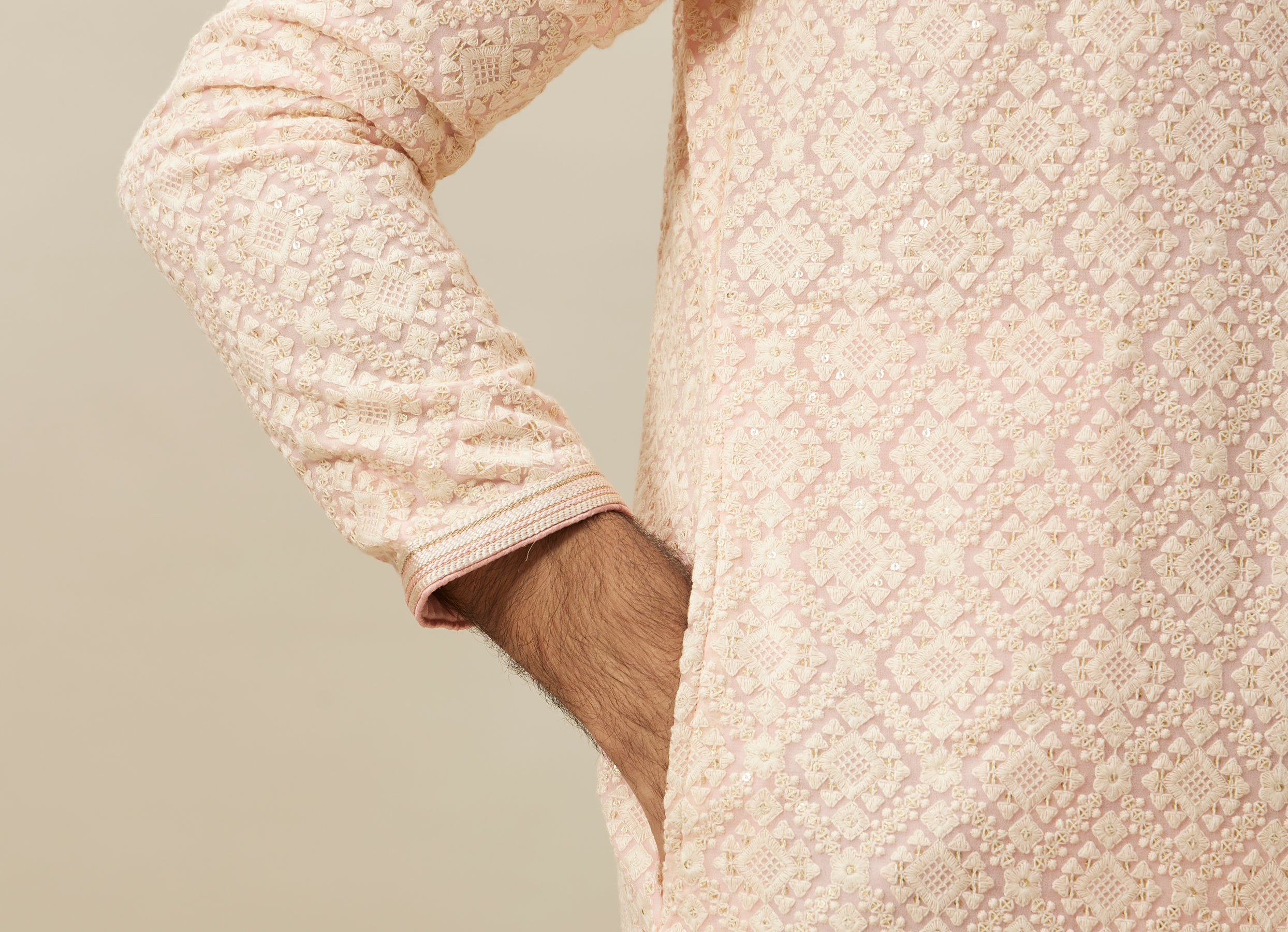 Twamev Men Light Pink Chikankari Kurta Set