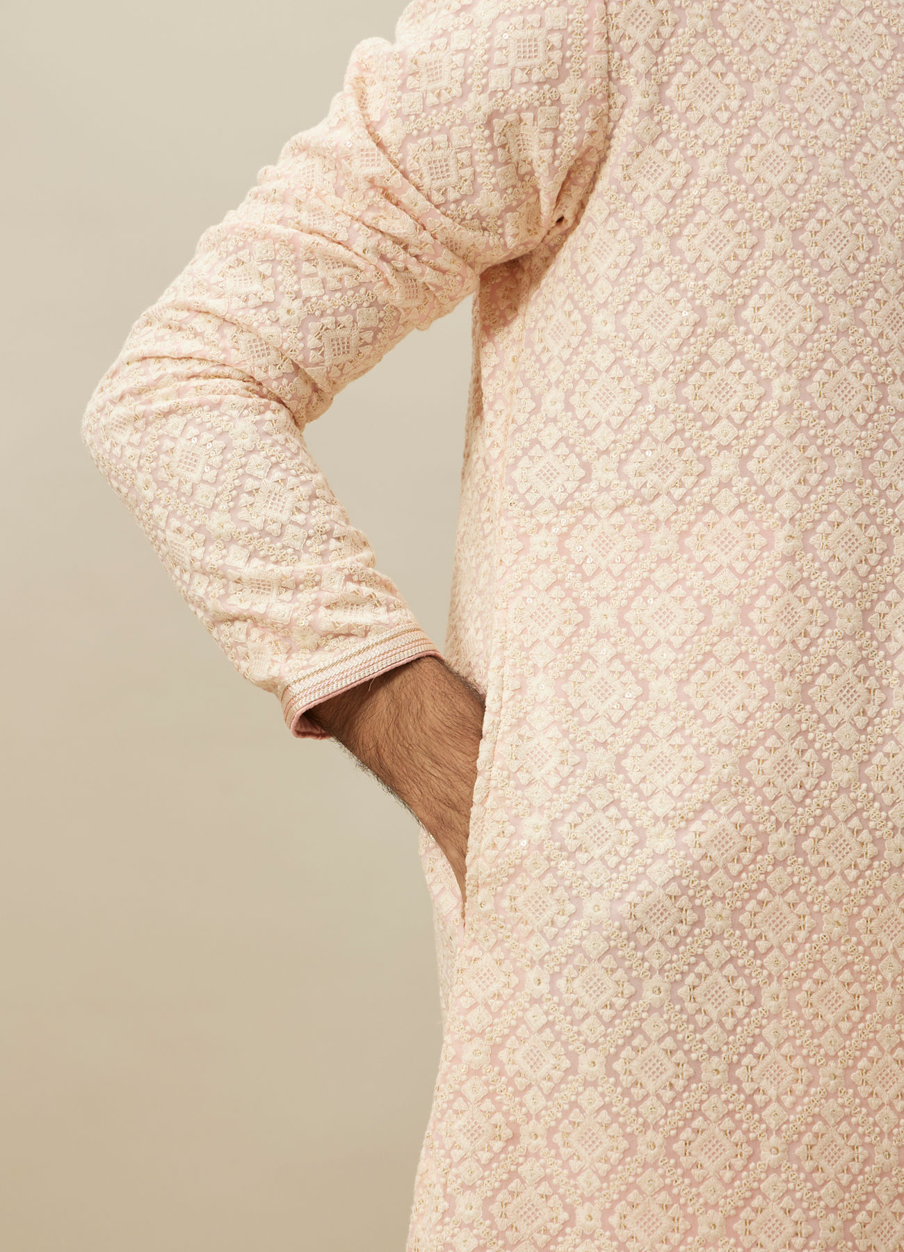 Twamev Men Light Pink Chikankari Kurta Set