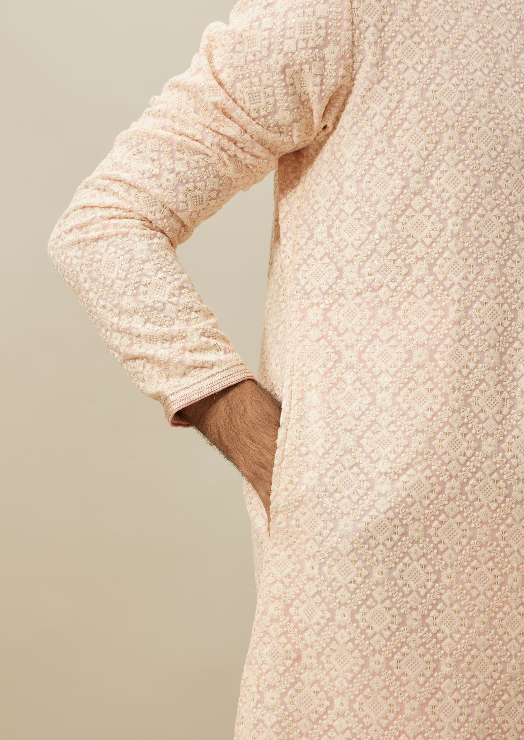 Twamev Men Light Pink Chikankari Kurta Set