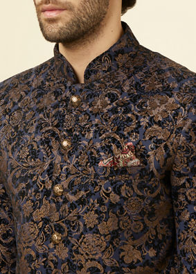 Blue Velvet Patterned Jodhpuri Suit image number 1