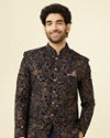 alt message - Manyavar Men Midnight Blue Bel Buti Patterned Suit image number 0