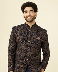 Manyavar Men Midnight Blue Bel Buti Patterned Suit