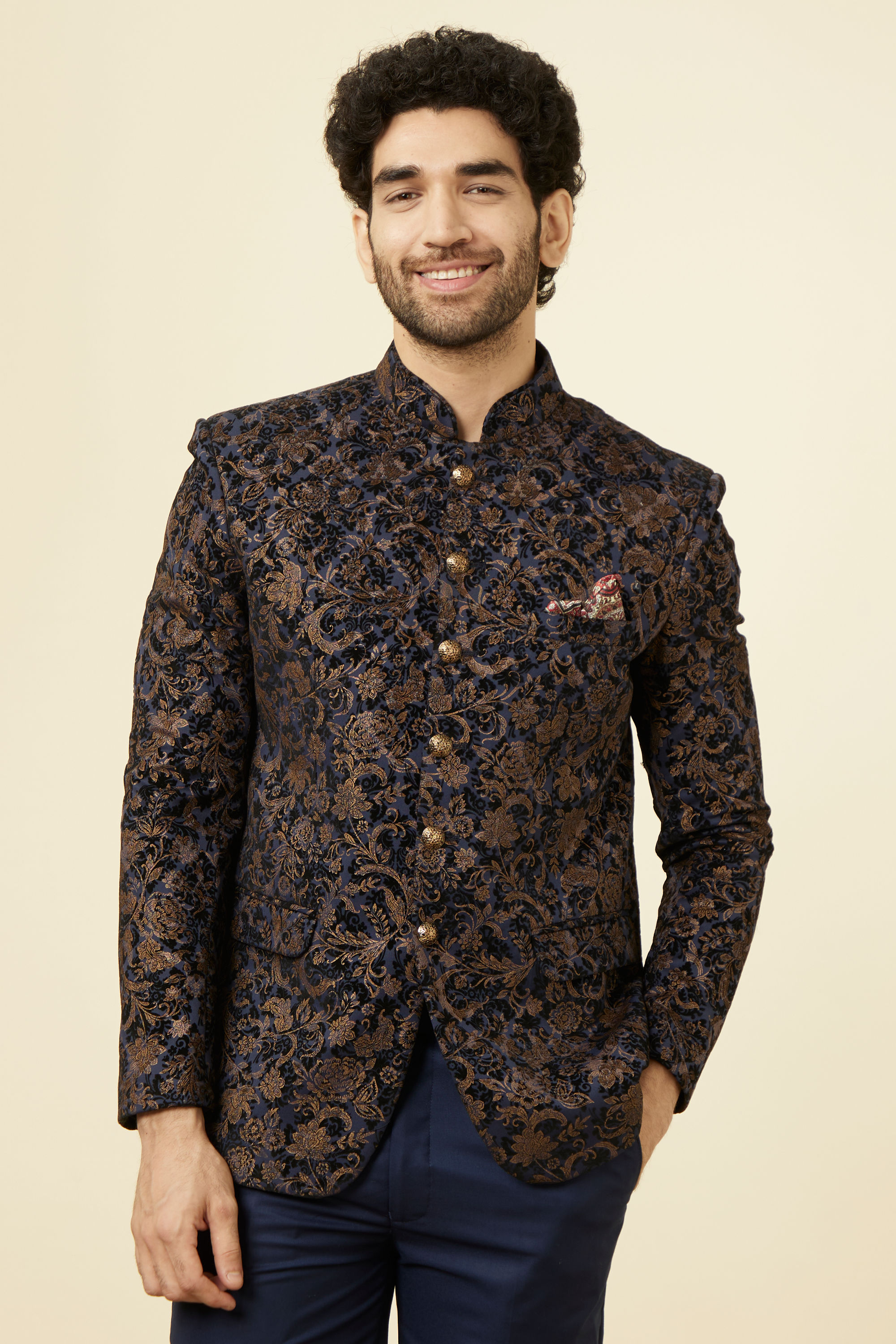 Manyavar Men Midnight Blue Bel Buti Patterned Suit