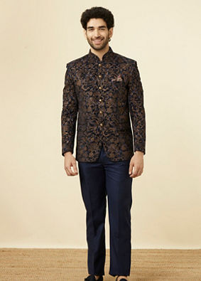 Blue Velvet Patterned Jodhpuri Suit image number 2