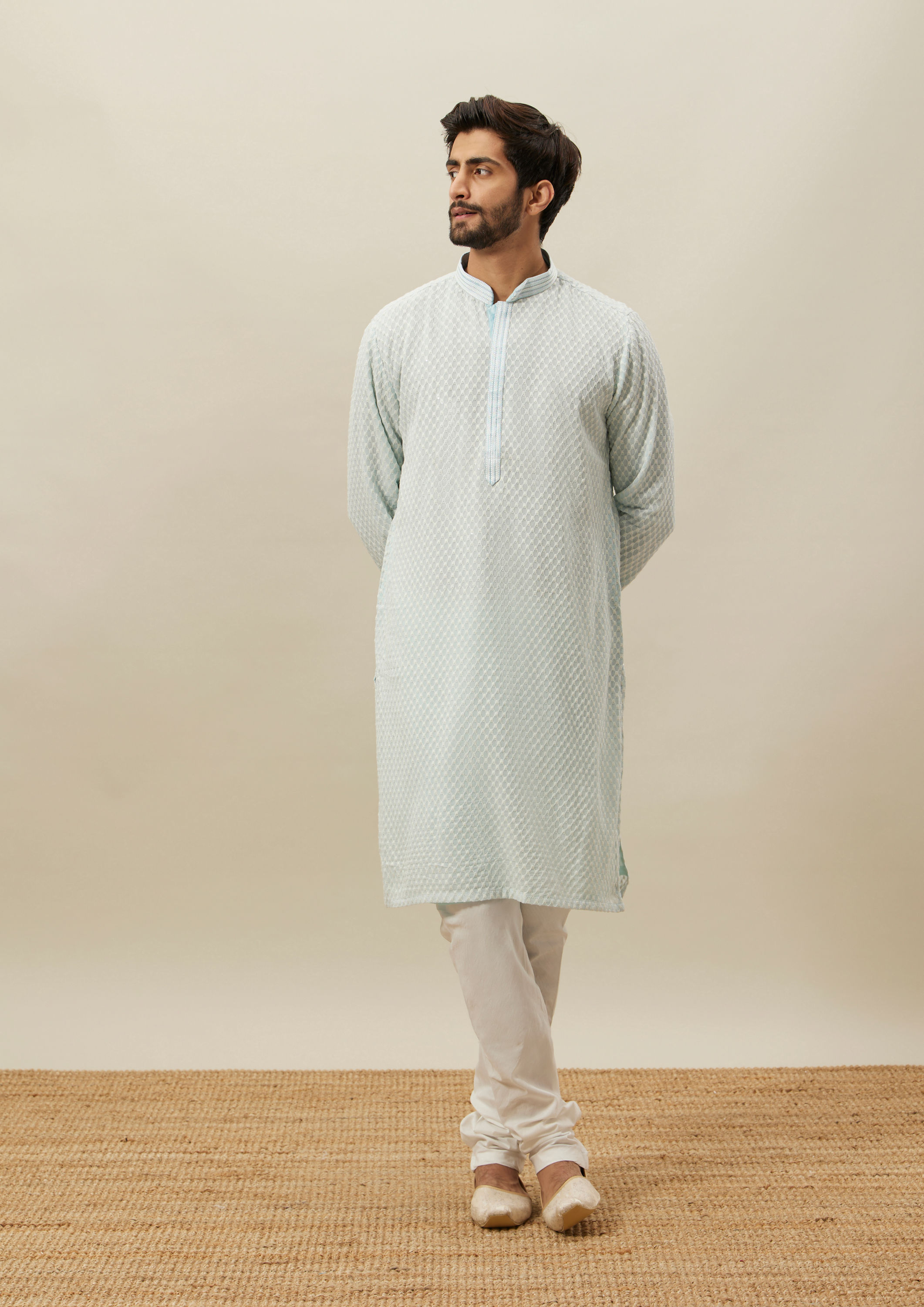 Twamev Men Powder Blue Chikankari Kurta Set image number 2