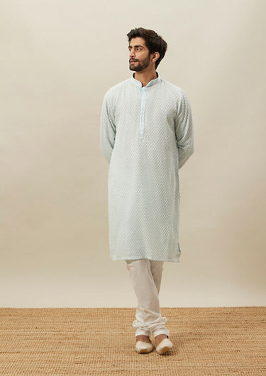 alt message - Twamev Men Powder Blue Chikankari Kurta Set image number 2