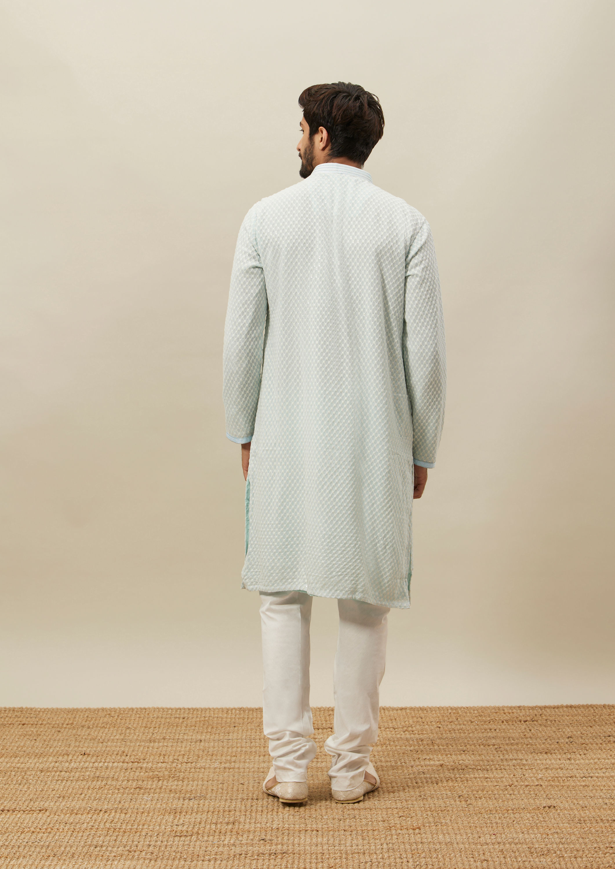 Twamev Men Powder Blue Chikankari Kurta Set image number 4