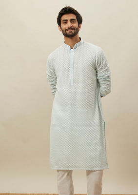 alt message - Twamev Men Powder Blue Chikankari Kurta Set image number 0