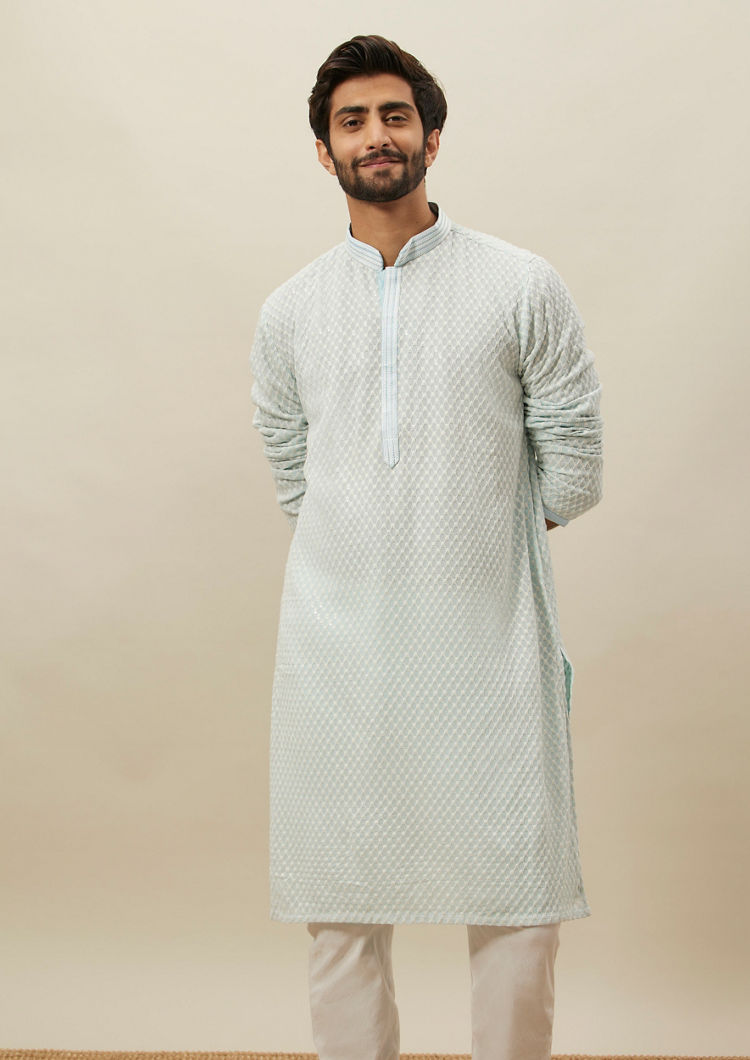 Twamev Men Powder Blue Chikankari Kurta Set image number 0