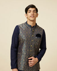 Manyavar Men Twilight Blue Ogee Patterned Jacket