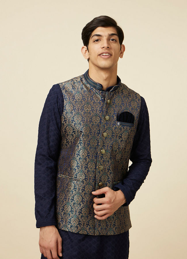 alt message - Manyavar Men Twilight Blue Ogee Patterned Jacket image number 0