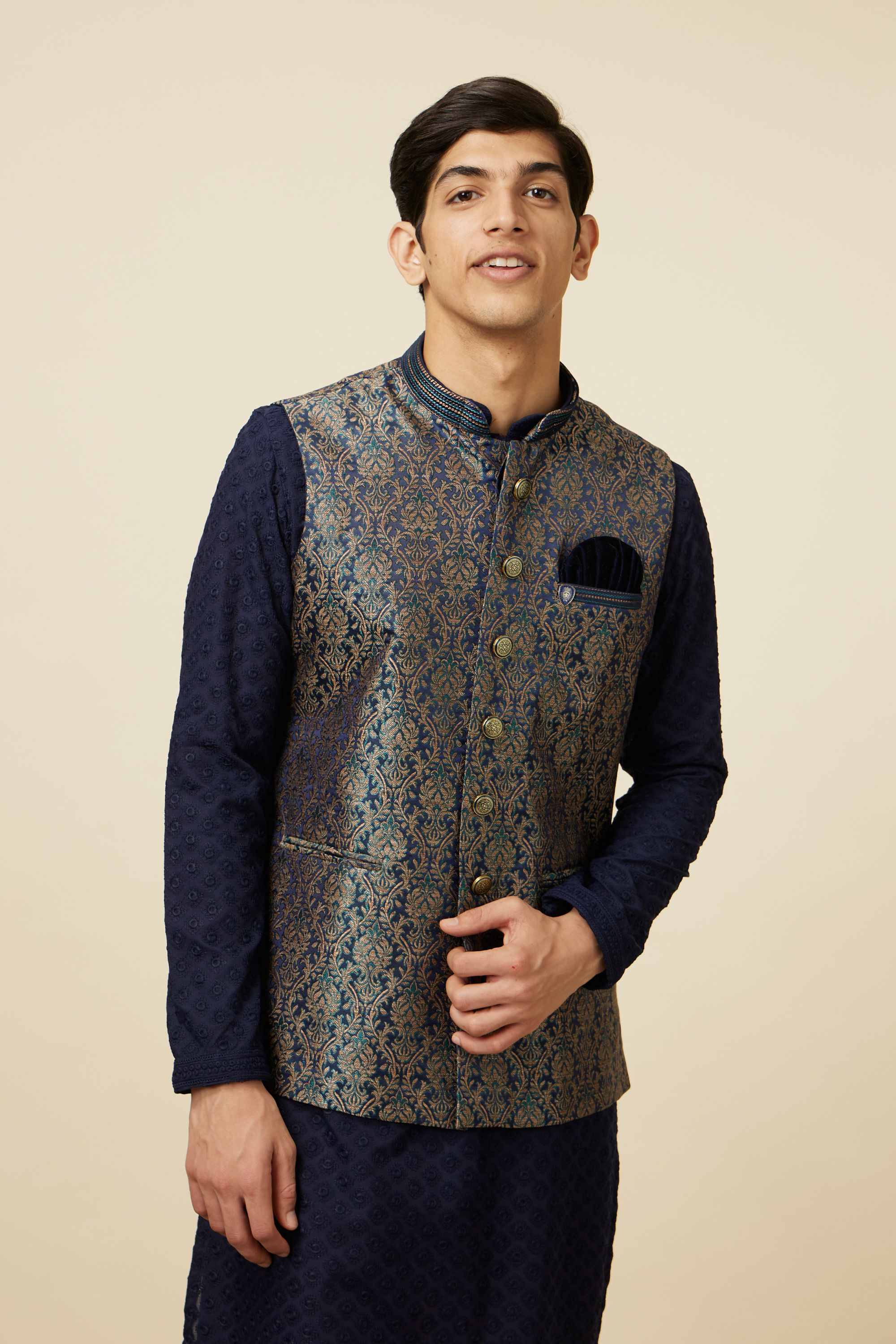 Manyavar Men Twilight Blue Ogee Patterned Jacket