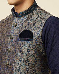 Manyavar Men Twilight Blue Ogee Patterned Jacket