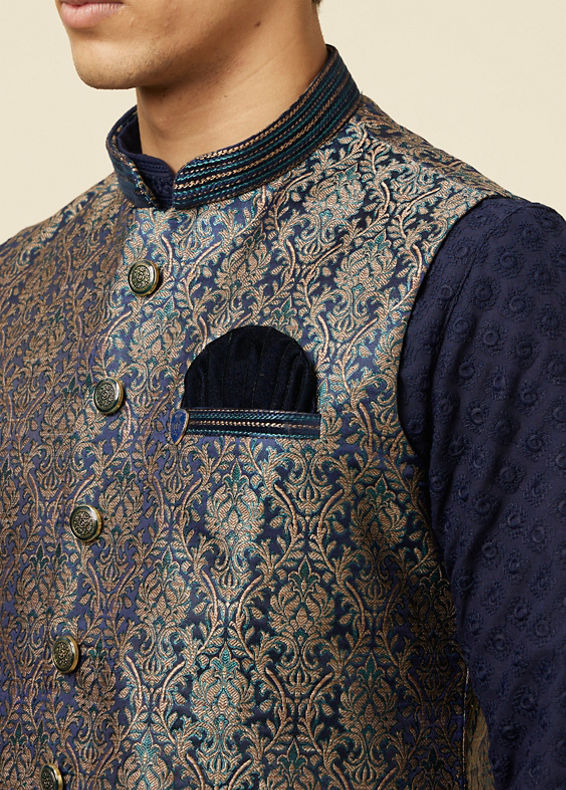 Manyavar Men Twilight Blue Ogee Patterned Jacket