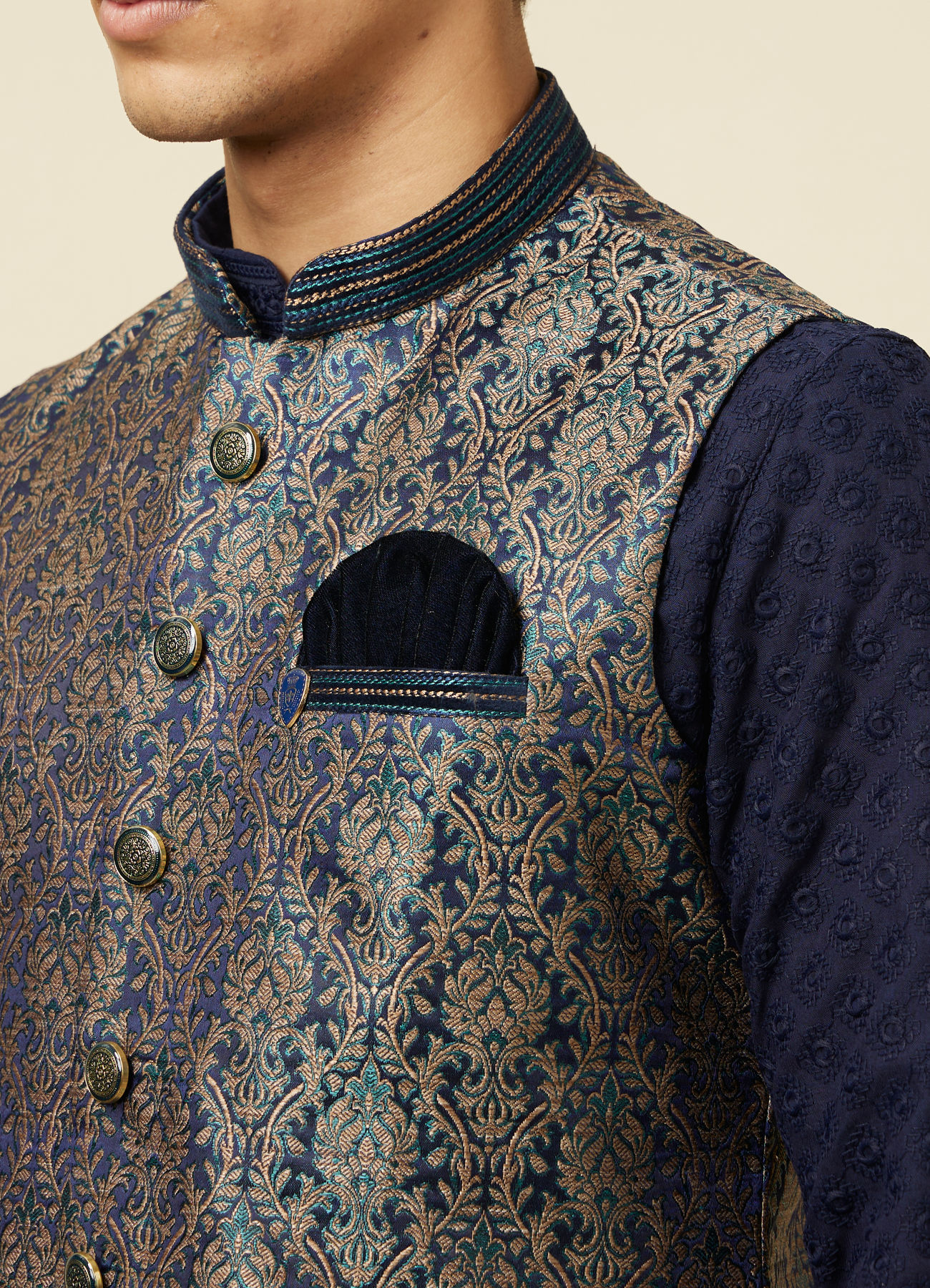 Manyavar Men Twilight Blue Ogee Patterned Jacket