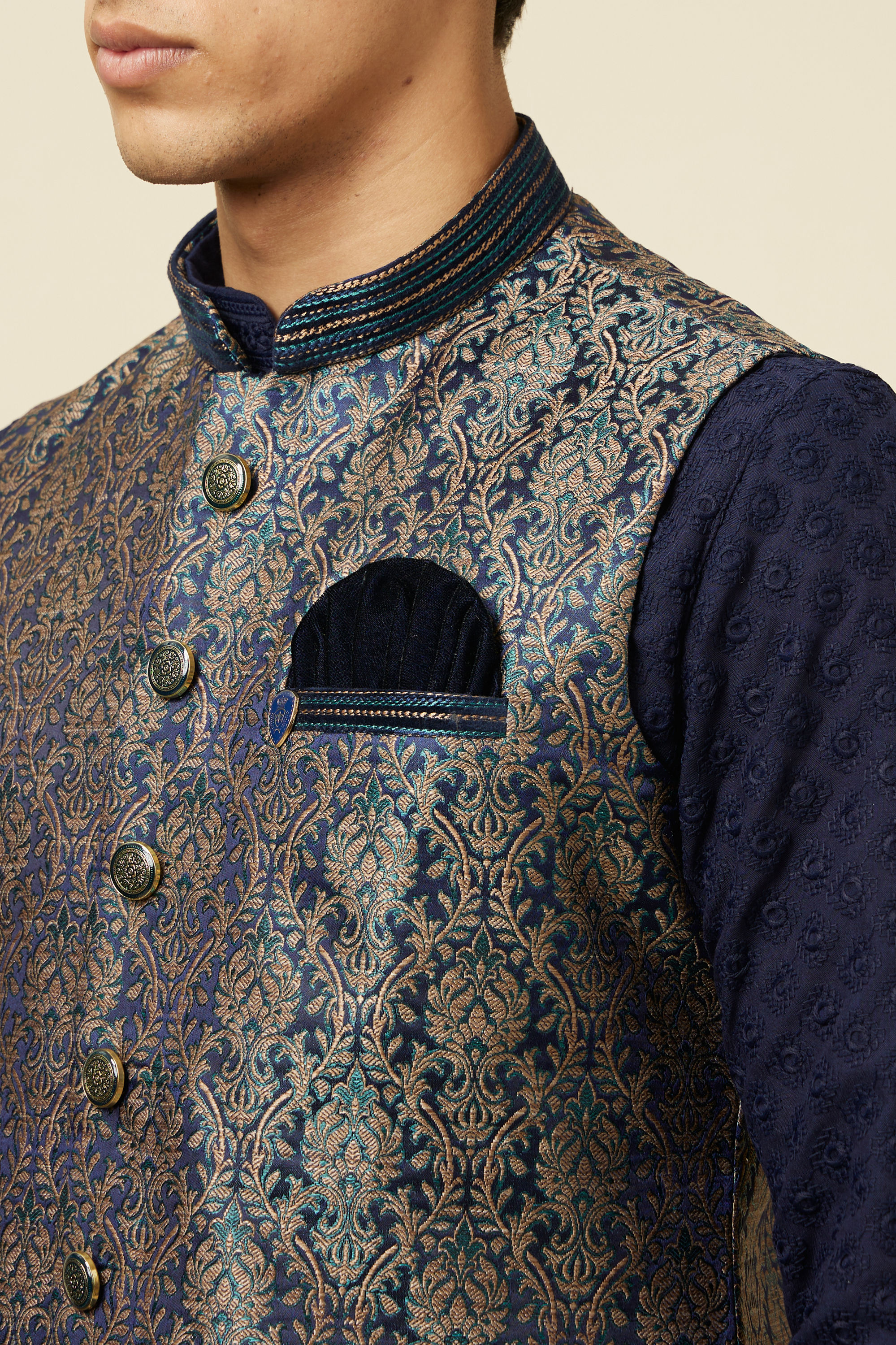 Manyavar Men Twilight Blue Ogee Patterned Jacket