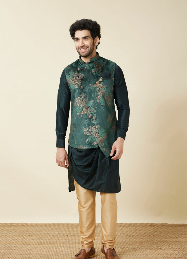 alt message - Manyavar Men Hunter Green Floral Patterned Jacket Set image number 3