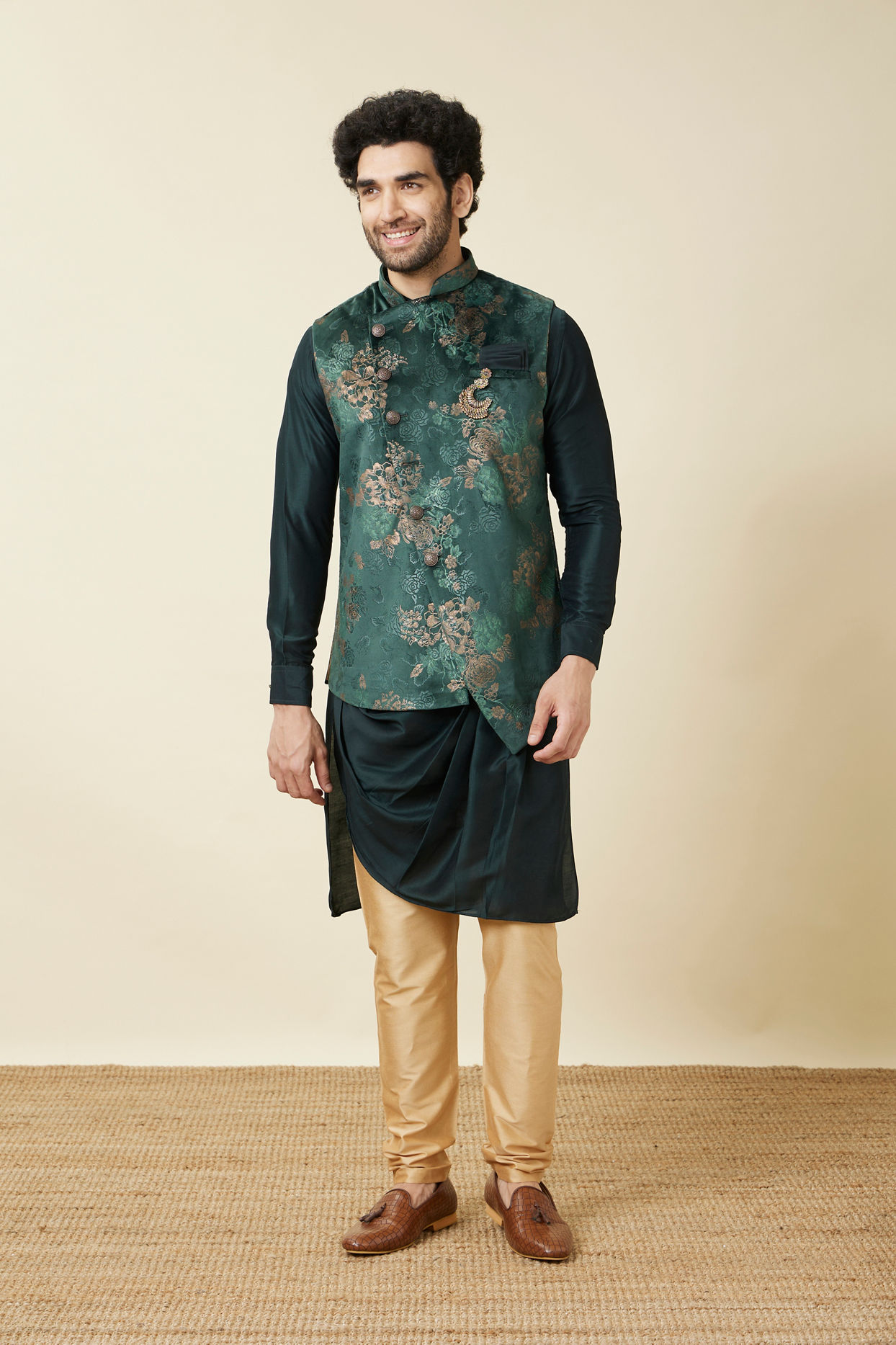 Manyavar Men Hunter Green Floral Patterned Jacket Set