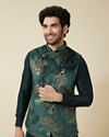 alt message - Manyavar Men Hunter Green Floral Patterned Jacket Set image number 0