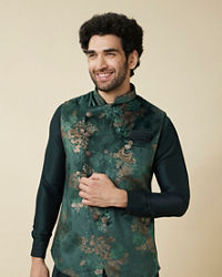 Manyavar Men Hunter Green Floral Patterned Jacket Set