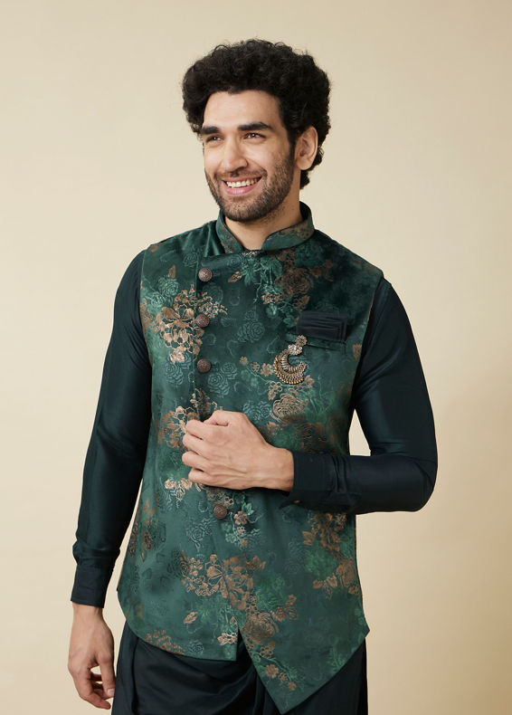 Manyavar Men Hunter Green Floral Patterned Jacket Set