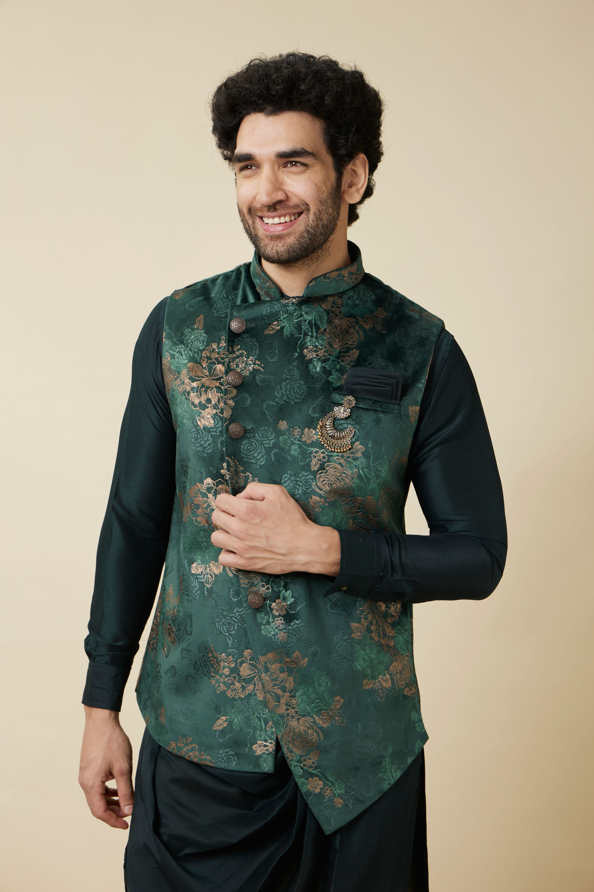 Manyavar Men Hunter Green Floral Patterned Jacket Set