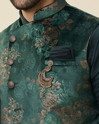 Manyavar Men Hunter Green Floral Patterned Jacket Set