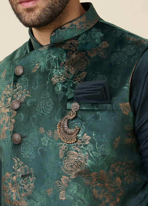 Manyavar Men Hunter Green Floral Patterned Jacket Set