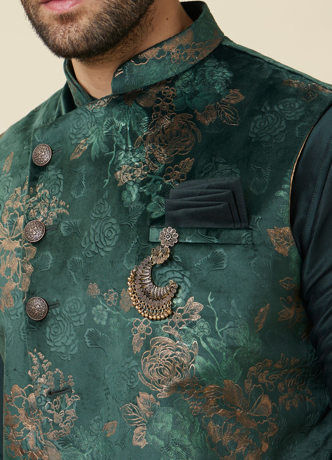 Manyavar Men Hunter Green Floral Patterned Jacket Set