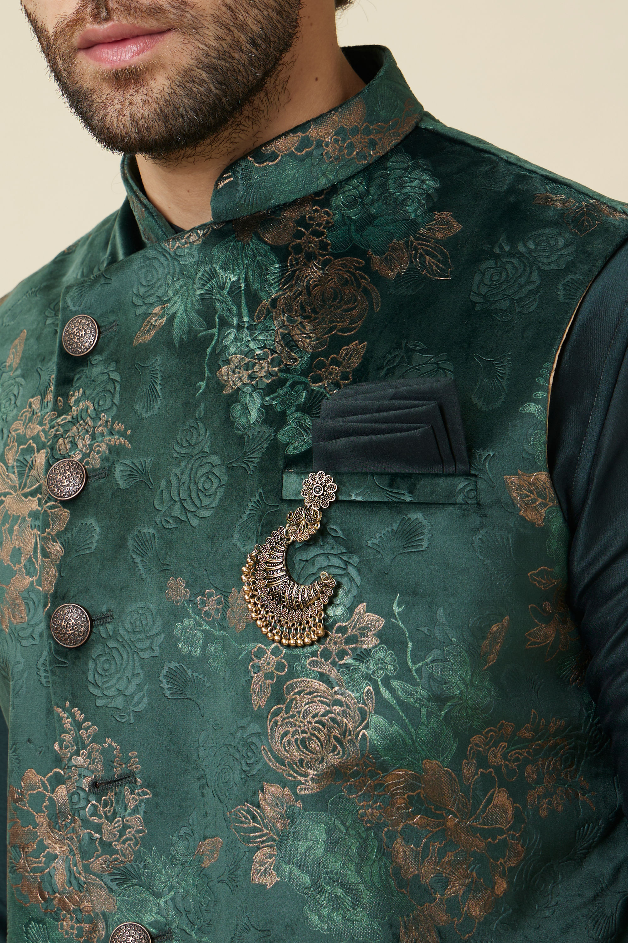 Manyavar Men Hunter Green Floral Patterned Jacket Set