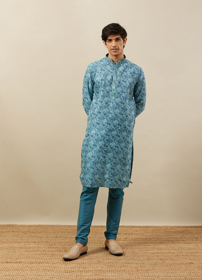 alt message - Manyavar Men Tropical Blue Bel Buti Printed Kurta Set image number 2