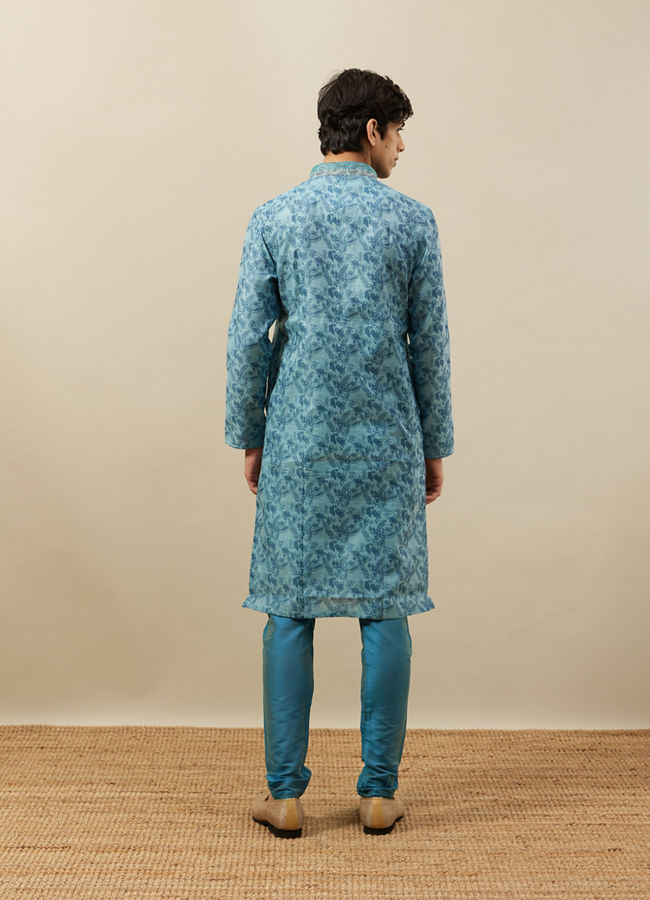 alt message - Manyavar Men Tropical Blue Bel Buti Printed Kurta Set image number 5